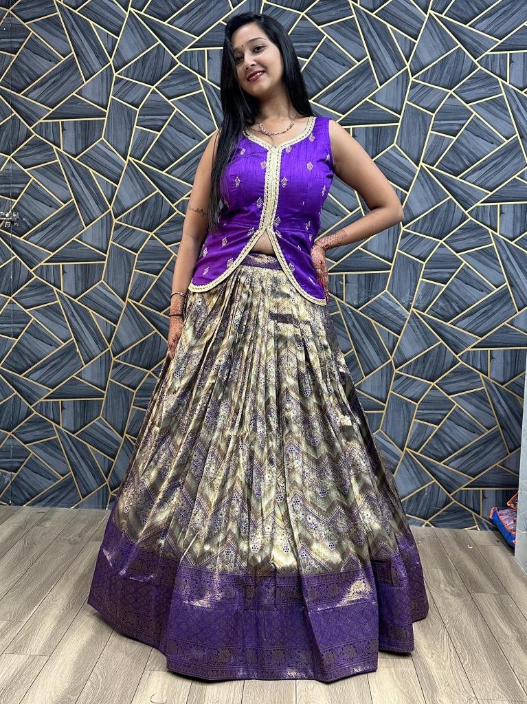 Violet Colour Mono Slub Crop Top Lehenga