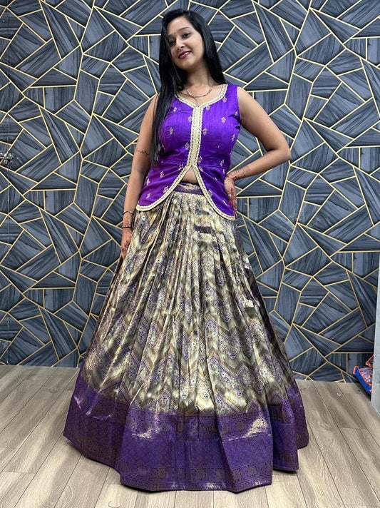 Violet Colour Mono Slub Crop Top Lehenga