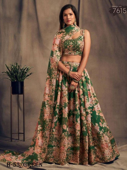 Wedding Green Color Organza Lehenga Choli With Dupatta