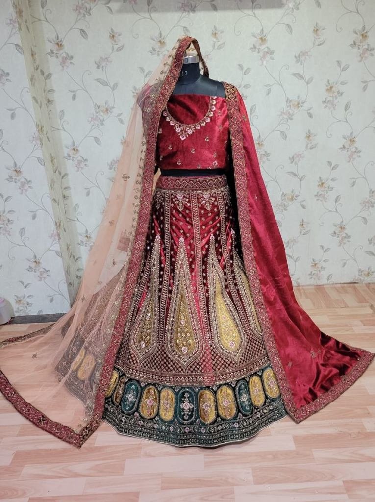 Wedding Sequence Work Maroon velvet Lehenga choli with Dupatta
