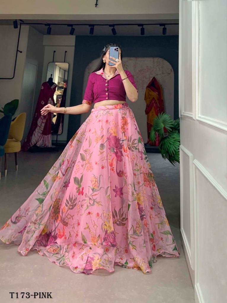 Wedding Wear Pink Organza Co ord Set Lehenga With Flower Print