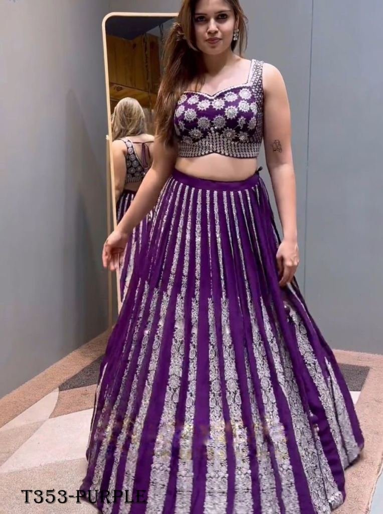 Wedding Wear Purple Chinon Silk Lhenga Choli