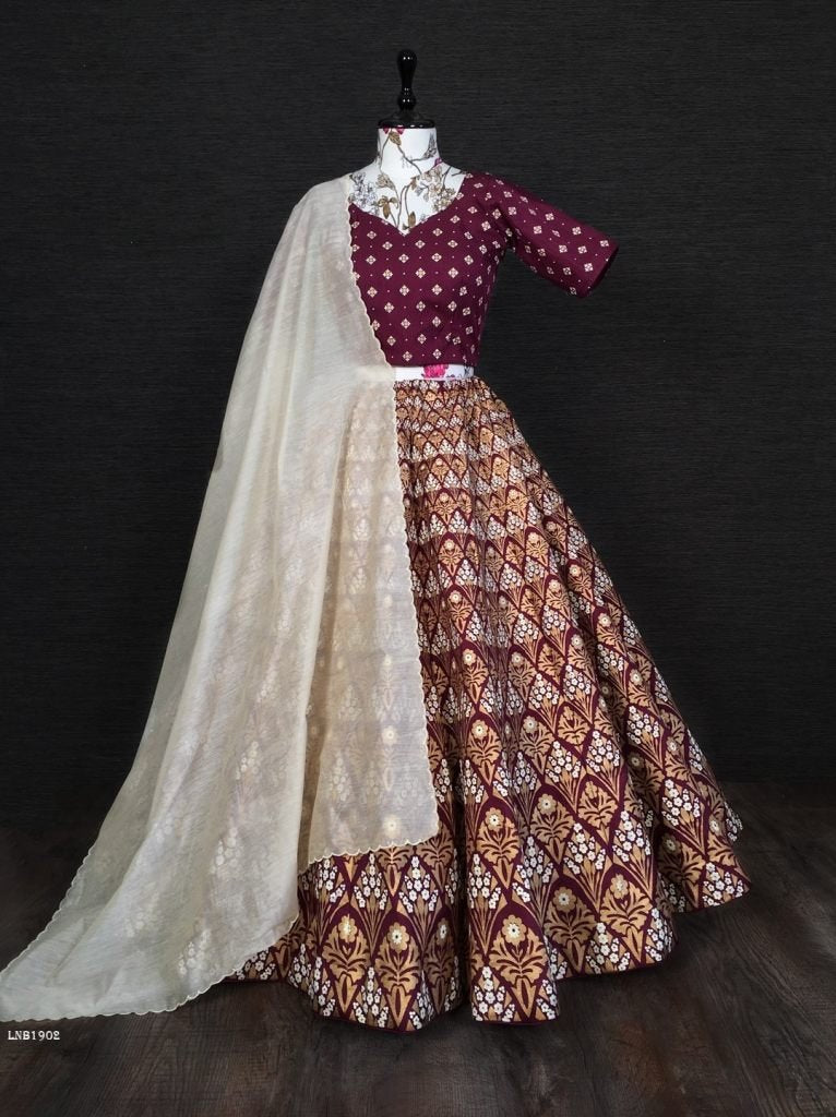 Wedding Wine Aada Slub Silk Lehenga Choli