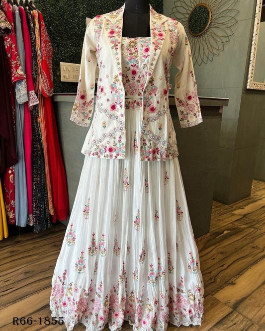 Western Style Thread And Sequence Work Blazer And Koti Lehenga Choli