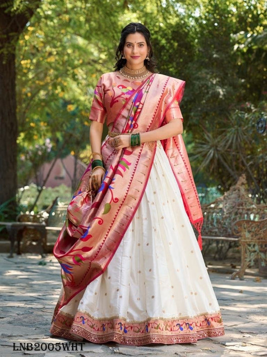 White Color Classic Jacquard Silk Paithani Lehenga Choli