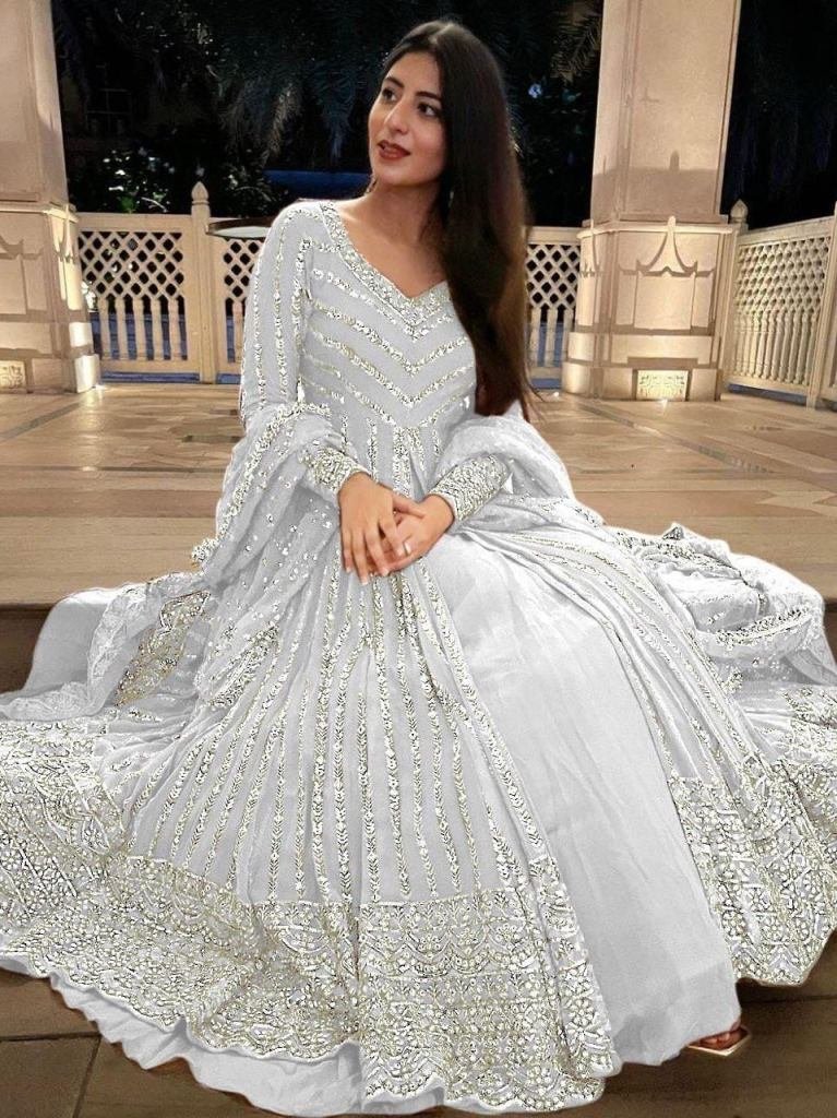 White Faux Georgette Indo Western Lehenga