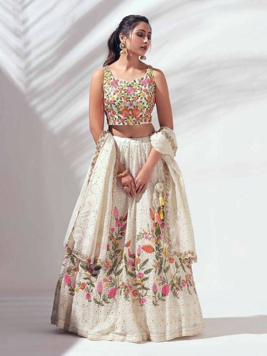 White Heavy Embroidery Georgette Sequence Work Lehenga Choli