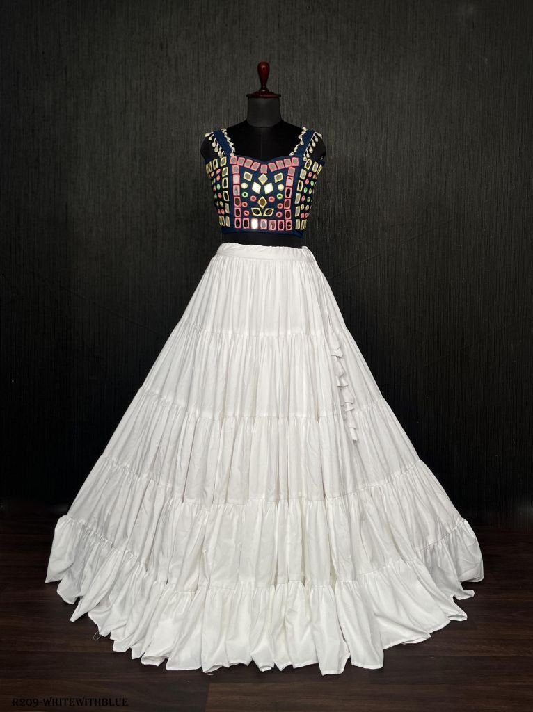 White Real Mirror Work Rayon Navratri Lehenga Choli With Blue Blouse