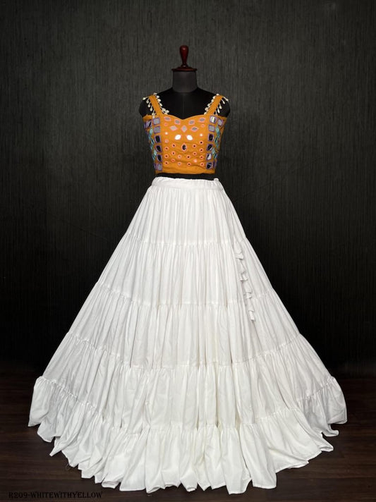 White Real Mirror Work Rayon Navratri Lehenga Choli With Yellow Blouse