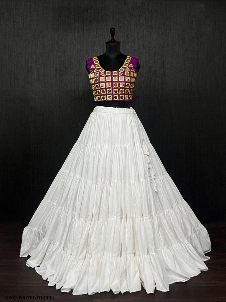 White Real Mirror Work Rayon Navratri Lehenga Choli With Pink Blouse