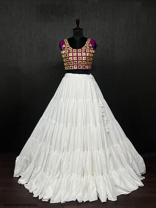 White Real Mirror Work Rayon Navratri Lehenga Choli With Pink Blouse