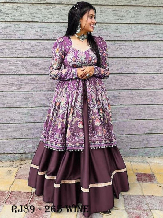 Wine Color Printed 4 Meter Flair Indo Western Lehenga Choli