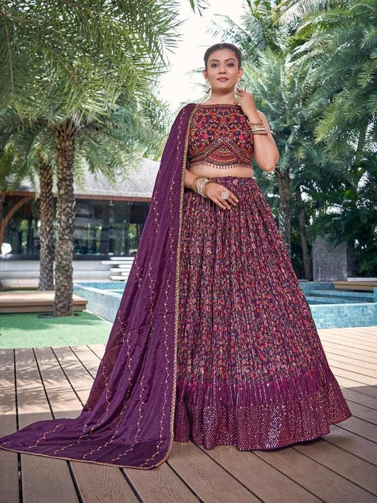 Wine Digital Printed Mukeish Work Lehenga Choli for Sider