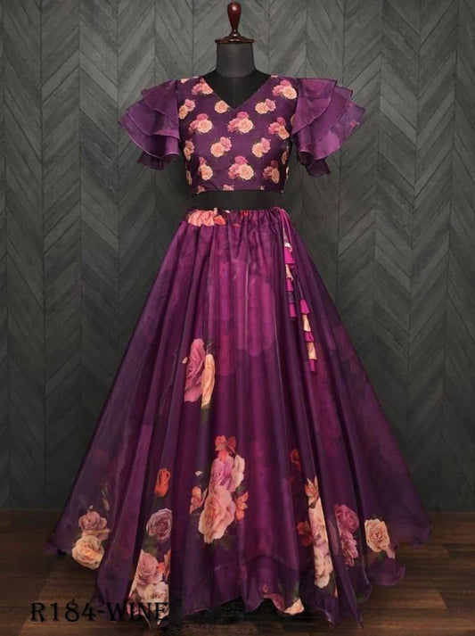 Wine Flower Digital Printed Soft Organza Lehenga
