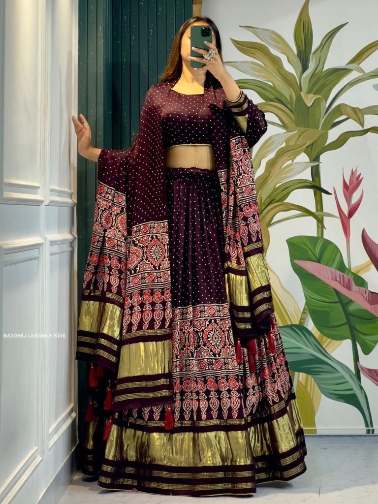 Wine Ravishing Gaji Silk Bandhej Lehenga For Navratri
