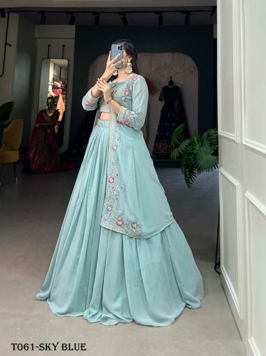 Women Georgette Embroidered Sky Blue Lehenga Choli