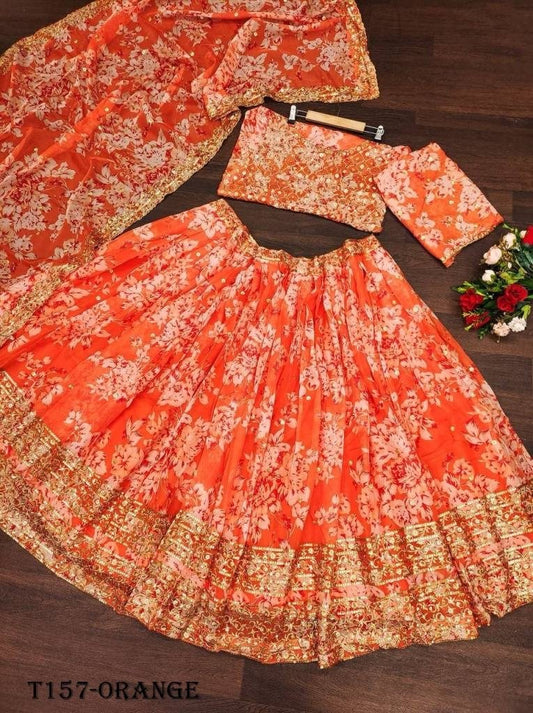 Womens Wear Orange Organza Digital Print Lehenga Choli