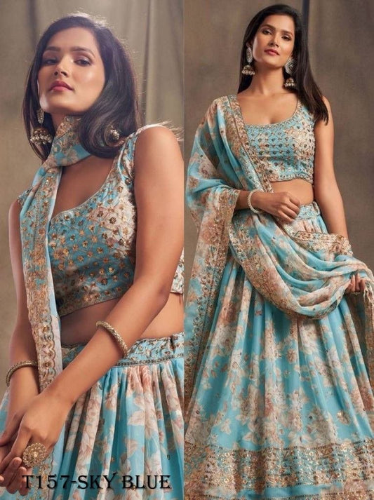 Womens Wear Sky Blue Organza Digital Print Lehenga Choli