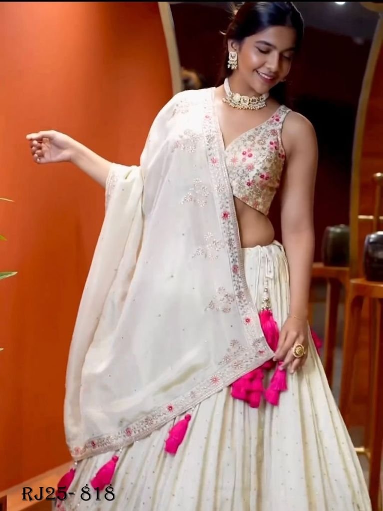 Wonderful White Georgette Embroidery Sequence Work  Wedding Wear Lehenga Choli