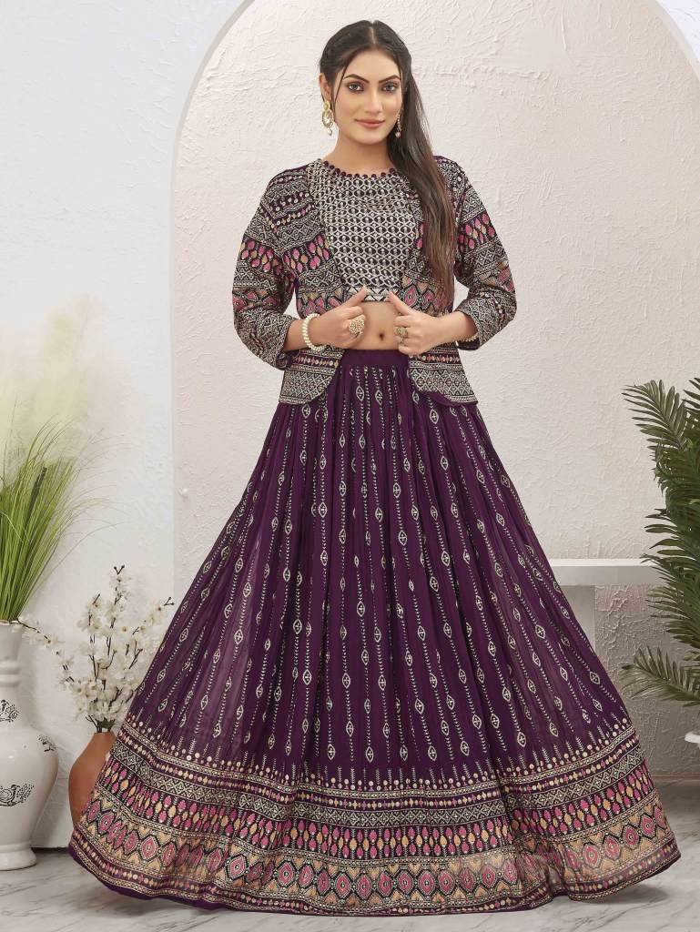 Wonderful Wine Georgette Readymade Lehenga With Jacket