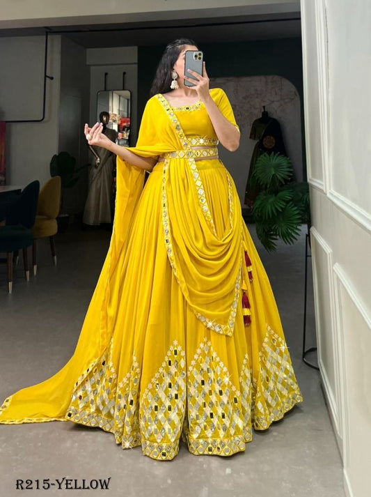 Yellow Classic Party Wear Georgette Lehenga Choli With Mirror Work Belt