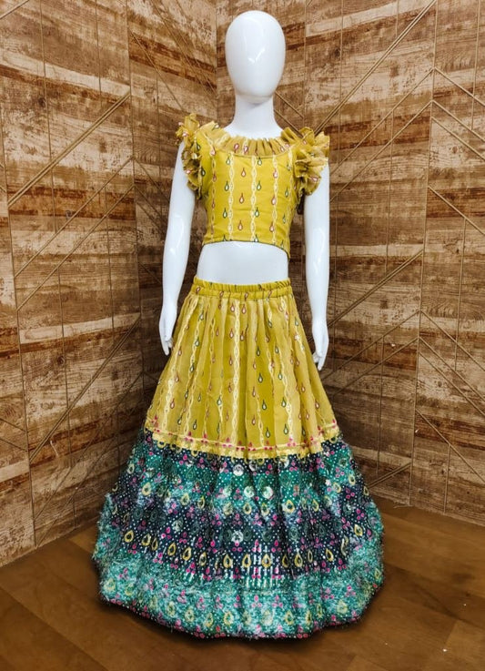 Yellow Designer Kids Girls Multi Work Georgette Lehenga Choli