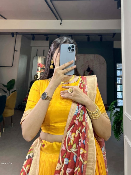 Yellow Kalamkari Print Dola Silk Lehenga Choli