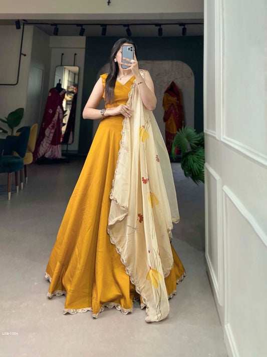 Yellow Plain Viscose Chanderi Lehenga With Organza Printed Dupatta