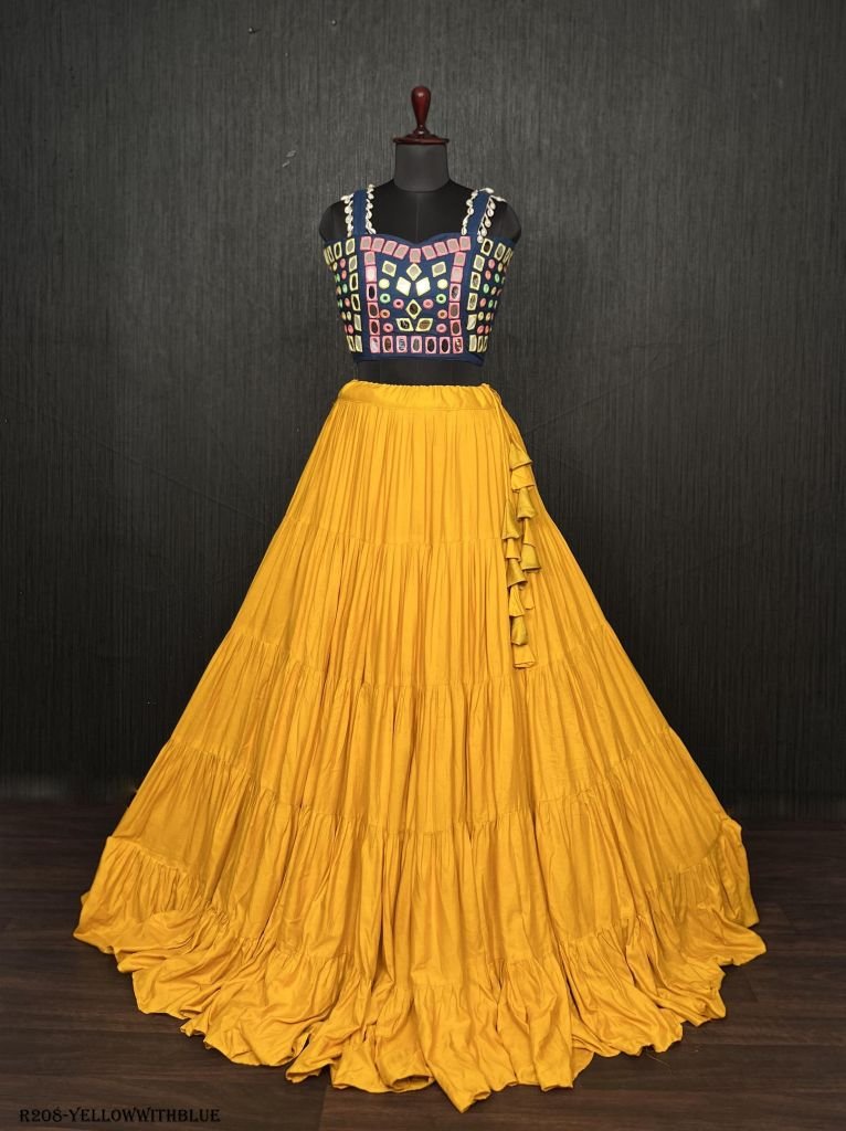 Yellow Real Mirror Work Rayon Navratri Lehenga Choli With Blue Blouse