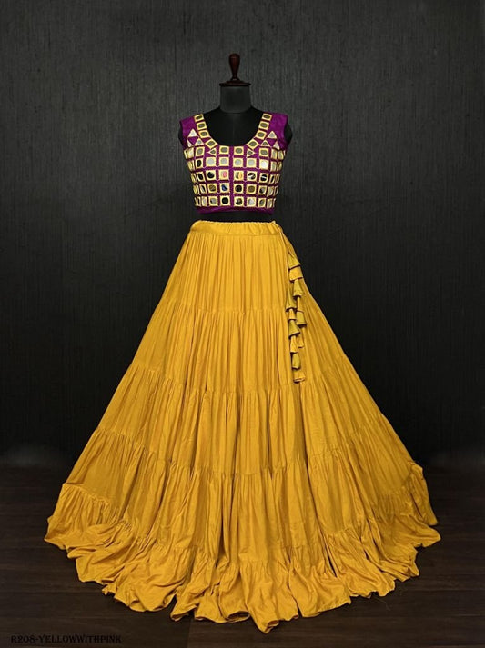 Yellow Real Mirror Work Rayon Navratri Lehenga Choli With Pink Blouse