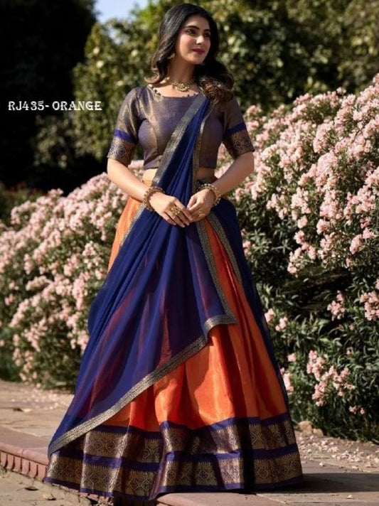 Zari Weaving Work Orange Color Half Lehenga